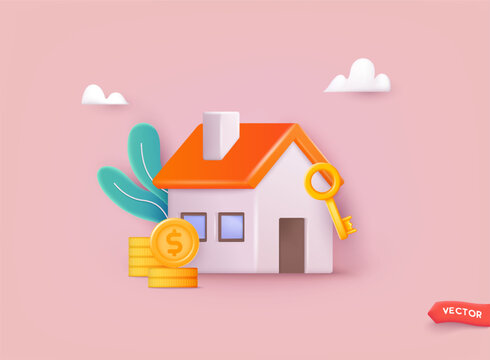 Buying house concept. Buy real estate and pay credit to bank. Abstract ownership agreement visualization. 3D Vector Illustrations.