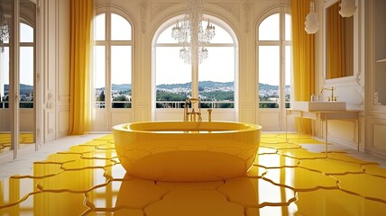 Obraz na płótnie Canvas Cheerful bathroom thanks to the color Yellow, Not to mention the amazing view it has. Generative AI Technology 