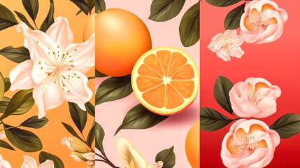 Drawing with orange fruits and flowers, generative AI.