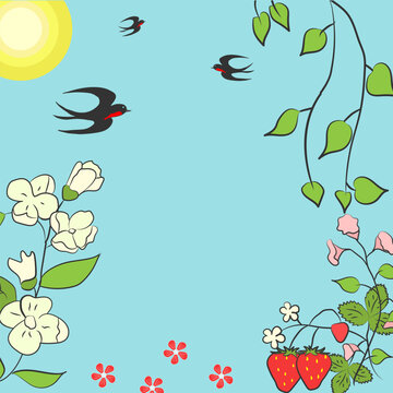 Summer poster. Vector illustration of summer with  sun, birds, starwberries, flowers, green leaves.