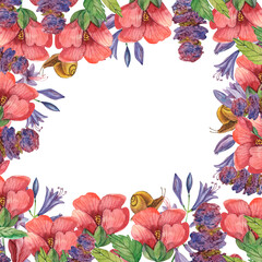 Square frame with red flowers, blue flowers and butterflies, watercolor frame highlighted on a white background