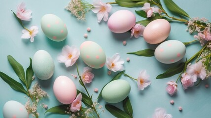 Fototapeta na wymiar Easter greeting card with pastel easter eggs Generative AI