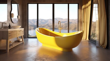 Cheerful bathroom thanks to the color Yellow, Not to mention the amazing view it has. Generative AI Technology 