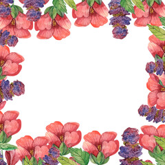 Square frame with red flowers, blue flowers and butterflies, watercolor frame highlighted on a white background