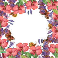 Square frame with red flowers, blue flowers and butterflies, watercolor frame highlighted on a white background