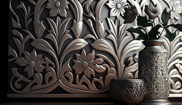 room wallpaper made of steel with traditional Indonesian Jepara carvings ,generative ai