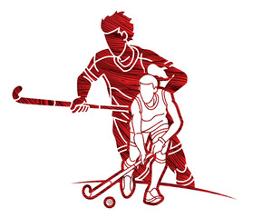 Group of Field Hockey Sport Man and Woman Players Action Cartoon Graphic Vector