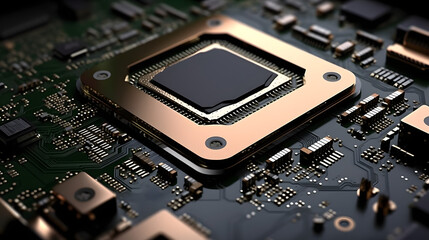 Immerse yourself in a hyperrealistic close-up of the latest flagship AI chip, revealing its intricate architecture and cutting-edge technology with glistening metallic surfaces  Generative AI