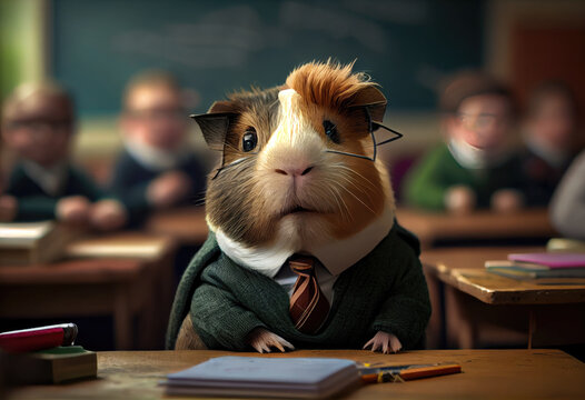 Portrait of an anthropomorphic guinea pig dressed as a schoolboy in a classroom. Generate Ai.