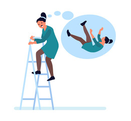 Fear of heights. Frightened woman afraid to climb stairs. Scared girl nervous about fall off ladder. Mental phobia. Person imagines flying down staircase. Vector acrophobia concept - obrazy, fototapety, plakaty