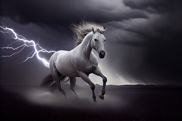 A white horse runs through dark storm clouds among lightning. Generate Ai
