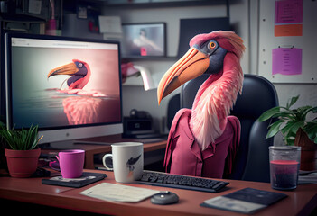 Portrait of an anthropomorphic pink pelican as a developer in the office. Generate Ai.