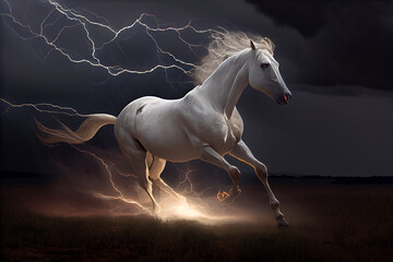 Obraz na płótnie Canvas A white horse runs through dark storm clouds among lightning. Generate Ai