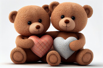 Cute teddy bears holding a heart, on white background. Generate Ai