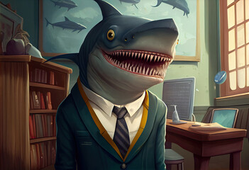 Portrait of an anthropomorphic shark dressed as a schoolboy in a classroom. Generate Ai.