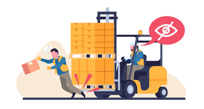 Forklift truck with cargo in warehouse hits man. Unseen workman. Driver injures invisible loader. Cardboard boxes on pallet. Freight transportation. Industrial accident. Vector concept