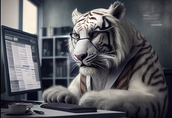 Portrait of an anthropomorphic white tiger as a developer in the office. Generate Ai.