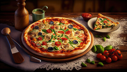 Obraz na płótnie Canvas Delicious pizza on the table in a restaurant, Italian cuisine. Generate Ai.