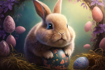 Cute bunny with Easter egg, colorful background. Generate Ai