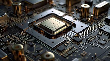 hyperrealistic close-up of the latest flagship AI chip, showcasing intricate architecture and cutting-edge technology. Generative AI