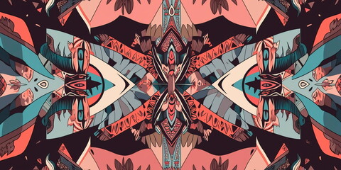 seamless pattern with a tribal-inspired design, featuring geometric shapes and bold colors. Generative AI