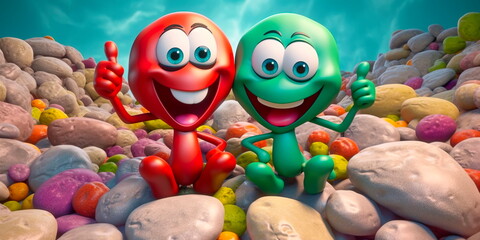 cartoon kidney duo with smiling faces and holding hands, sitting on a bed of colorful stones. Generative AI