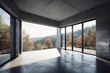 Fototapeta na wymiar Interior of modern loft with concrete floor and panoramic windows