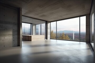 Fototapeta premium Interior of modern loft with concrete floor and panoramic windows