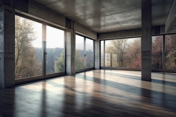 Interior of modern loft with concrete floor and panoramic windows
