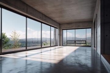 Interior of modern loft with concrete floor and panoramic windows