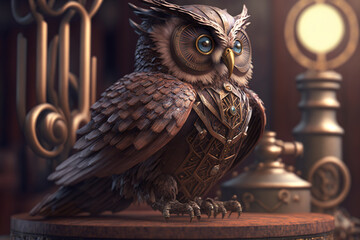 close-up of an owl statue sitting on top of a wooden table, a 3D rendering, kinetic art, steampunk. Generate Ai