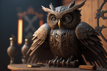 close-up of an owl statue sitting on top of a wooden table, a 3D rendering, kinetic art, steampunk. Generate Ai