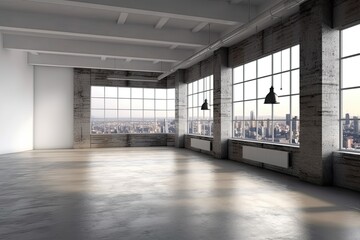 Interior of modern loft with concrete floor and panoramic windows