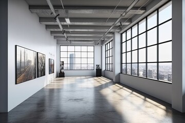 Fototapeta premium Interior of modern art gallery with empty white walls and concrete floor. Gallery concept