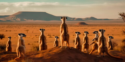 group of meerkats standing on their hind legs, with a desert landscape and distant mountains in the background. Generative AI - obrazy, fototapety, plakaty