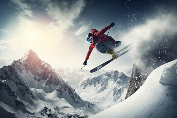 Extreme athlete Sports ski jump on mountain. Generate Ai