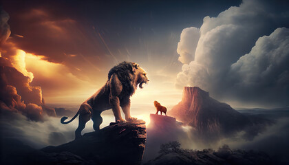 Fototapeta premium Big lion and lioness on the top of the mountain. Generate Ai.