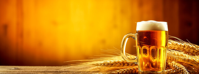 glass of draft beer with foam on a wooden table, banner with copy space, made with Generative AI