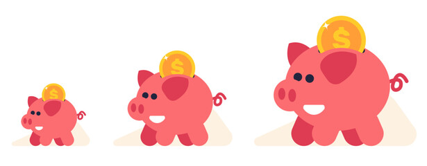 Growth of income. Piggy bank. Savings increase. Successful investment. Gold dollar coins. Value growing. Pink pig for money. Financial banking deposit. Business progress. Vector concept