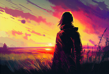 Illustration painting of lover on the meadow looking at the sunset. Generate Ai.