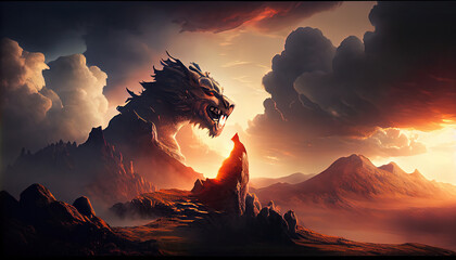 Big dragon on top of a mountain at sunset. Generate Ai.