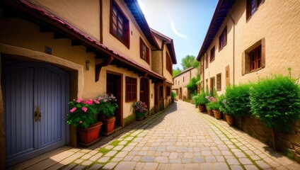Fototapeta na wymiar Flowery empty old historical street from the pavement of paving stones on sunny day in small village. Generative AI