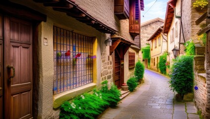 Fototapeta premium Flowery empty old historical street from the pavement of paving stones on in small village. Generative AI