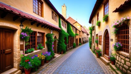 Fototapeta premium Flowery empty old historical street on sunny day in small village. Generative AI