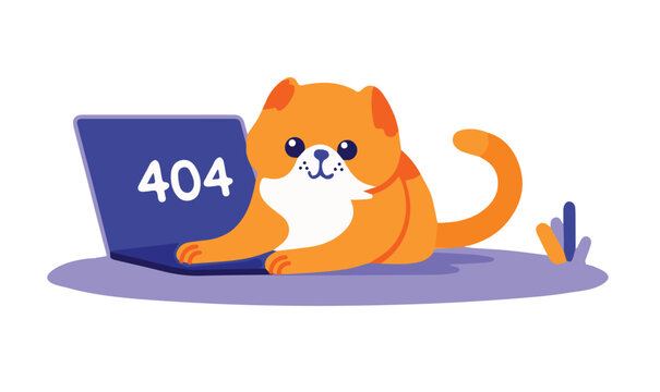 Cute cartoon kawaii cat 404 error, page not found. Webpage failure. Flat vector illustration isolated on white background.