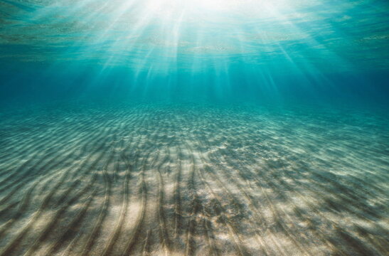 Sunlight under water surface with ripples of sand on the seabed in the Mediterranean sea, Spain
