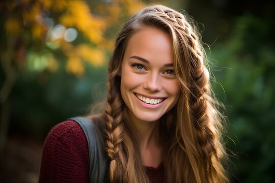 A Beautiful Woman With A Warm, Friendly Expression, Hair Style Long And Lush Braid, And Wearing A Casual Outfit With A Pop Of Color. Generative AI