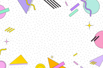 Geometric horizontal background. Memphis minimalist retro poster. Graphic retro wave template. Abstract trendy pattern with multicolored geometric shapes.