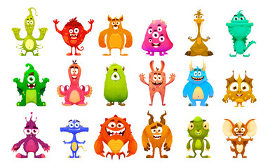 Cartoon monster characters. Cute comic mutants, funny Halloween personages isolated vector set. Joyful goblins, devils, ugly aliens, kawaii smiling creatures with horns, tentacles, fangs and eyes © Vector Tradition