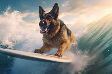 Image of a happy German Shepherd surfing on a surfboard at the beach on a sunny day.